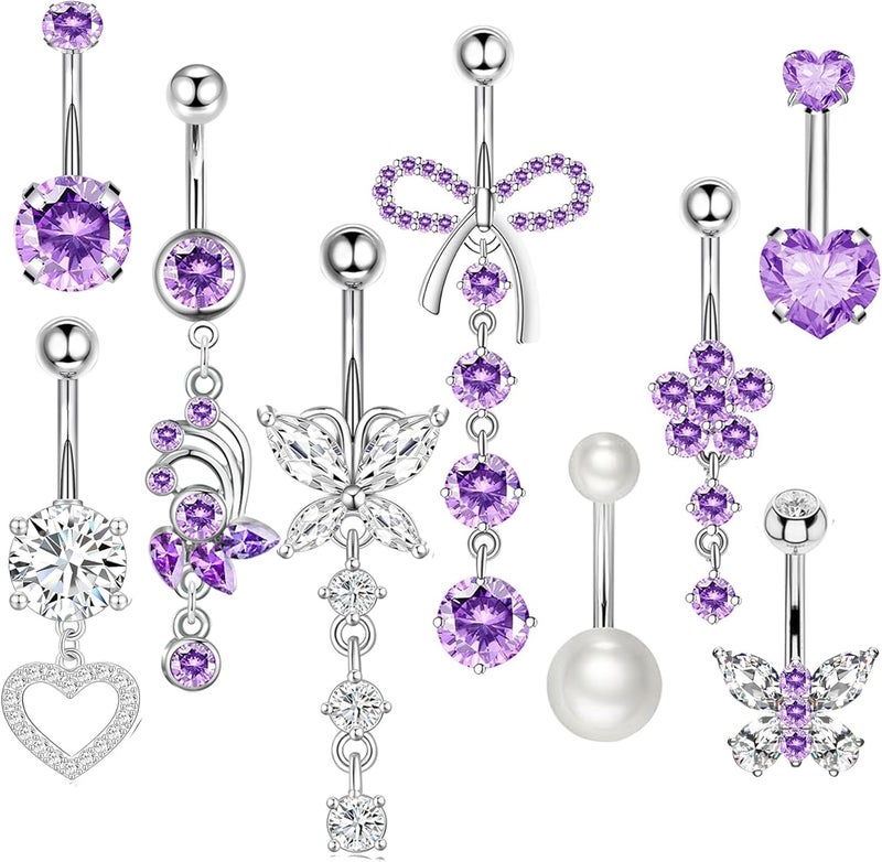Suotarn 14G Belly Button ring Dangle Belly Rings Surgical Stainless Steel Cute Bow Butterfly Heart Flower Dangling Belly Button Piercing Jewelry For Women Silver Dainty Dangly Navel Ring - Image 1